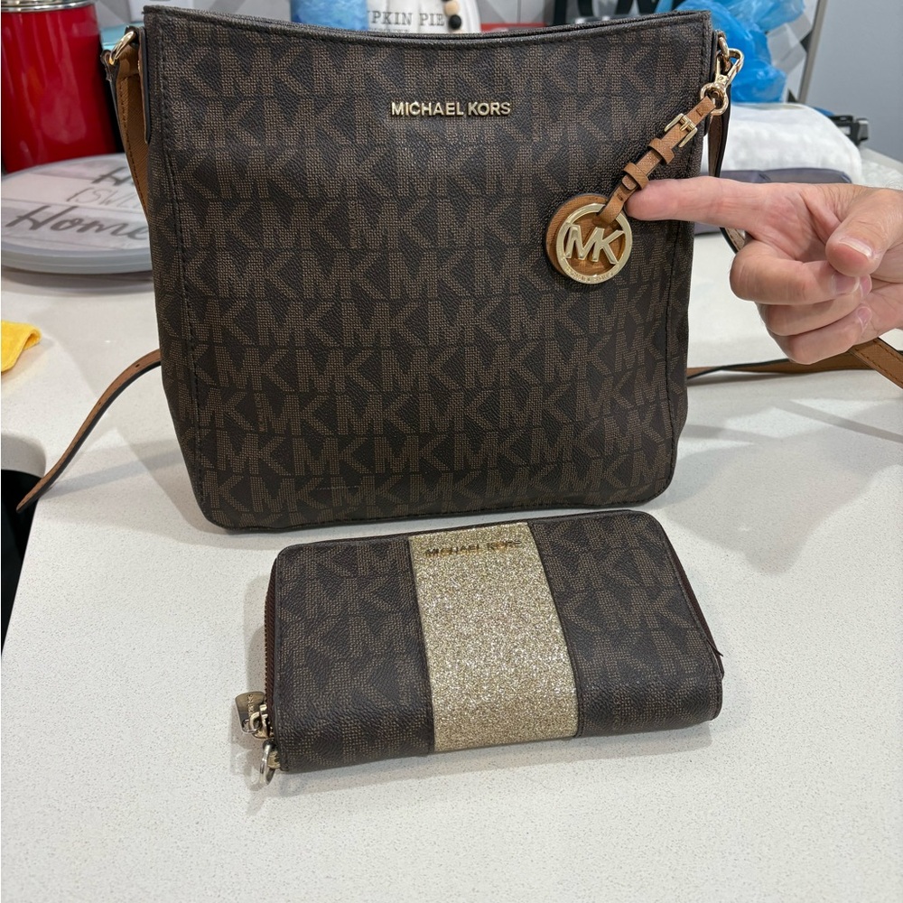 Michael Kors Dark Brown and Gold Shoulder Bag Set 12”W X 9”H X 3” W/Wallet